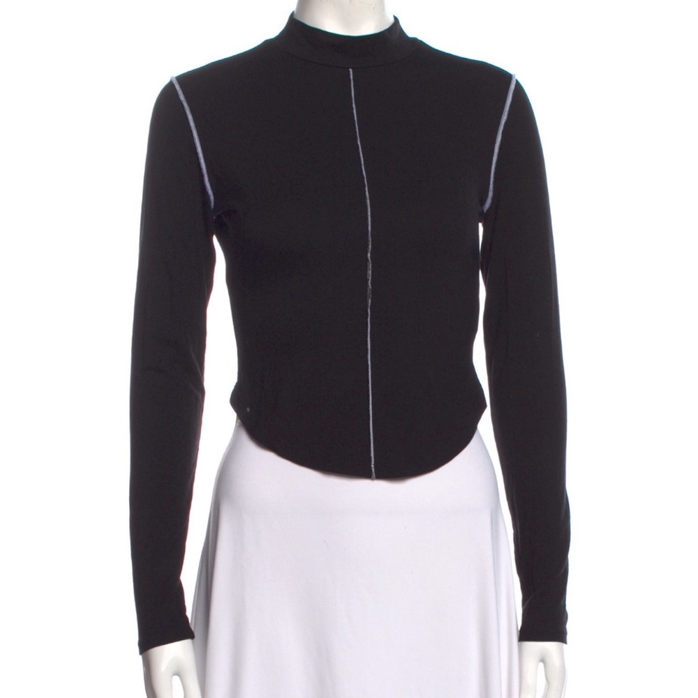 Reformation Black Mock Neck Long Sleeve top with White Detail